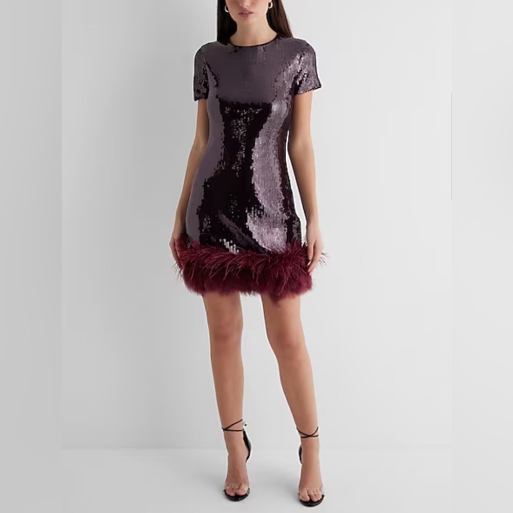 Express Sequin Crew Neck Feather Hem Mini Dress